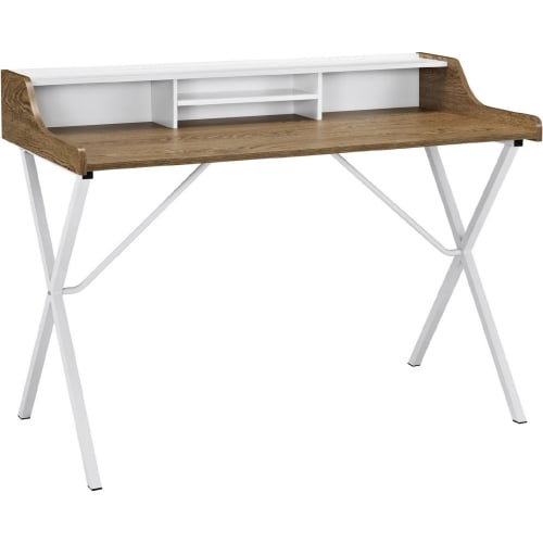 Bin Office Desk w/ Walnut Finish & White Top on White Steel Frame