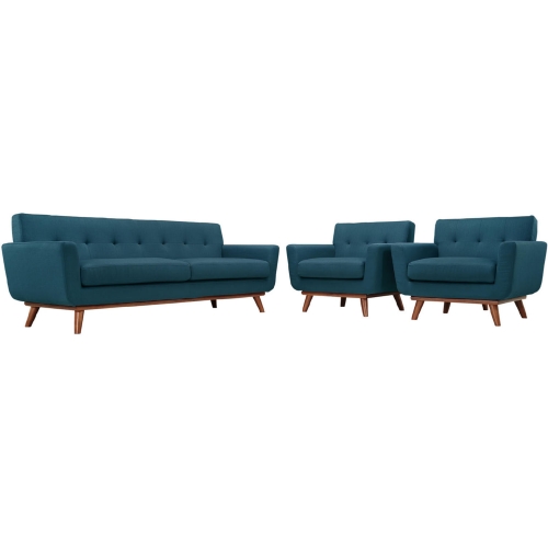 Engage Sofa & 2 Armchairs Set in Tufted Azure Fabric w/ Cherry Wood Legs