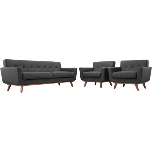 Engage Sofa & 2 Armchairs Set in Tufted Gray Fabric w/ Cherry Wood Legs