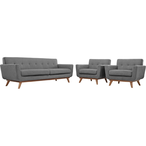 Engage Sofa & 2 Armchairs Set in Tufted Gray Fabric w/ Cherry Wood Legs