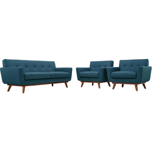 Engage Loveseat & 2 Armchairs Set in Tufted Azure Fabric w/ Cherry Wood Legs