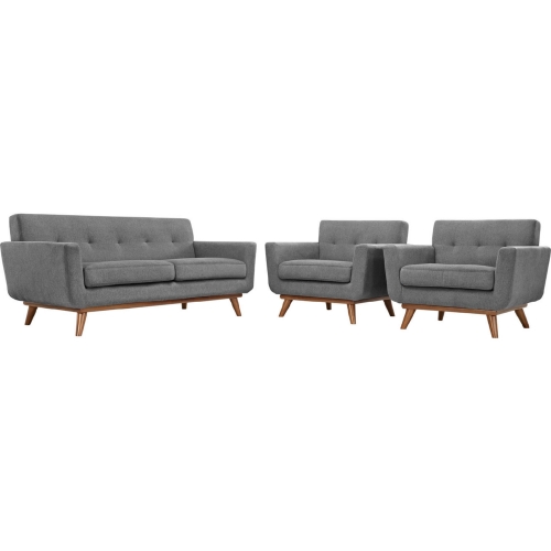 Engage Loveseat & 2 Armchairs Set in Tufted Gray Fabric w/ Cherry Wood Legs