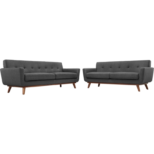 Engage Sofa & Loveseat Set in Tufted Gray Fabric w/ Cherry Wood Legs