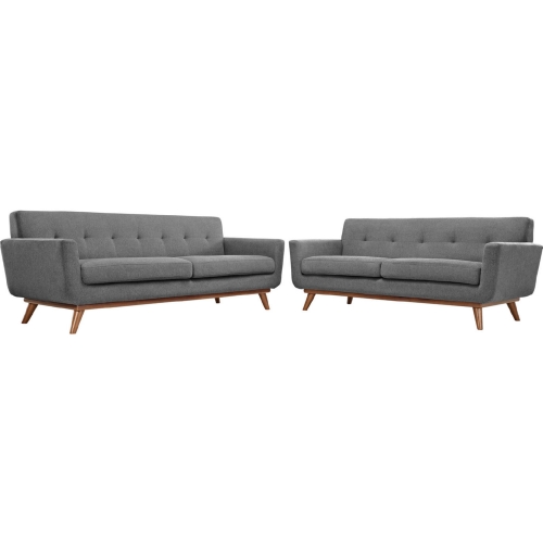 Engage Sofa & Loveseat Set in Tufted Gray Fabric w/ Cherry Wood Legs