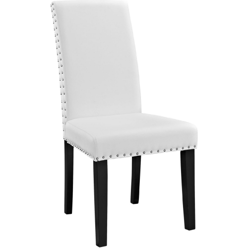 Parcel Dining Chair in White Leatherette w/ Nailhead Trim on Wood Legs