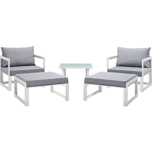 Fortuna 5 Piece Outdoor Patio Sectional Sofa Set in White w/ Gray Cushions