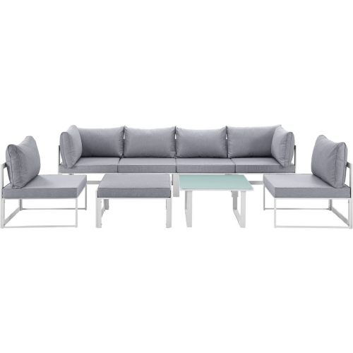 Fortuna 8 Piece Outdoor Patio Sectional Sofa Set in White w/ Gray Cushions