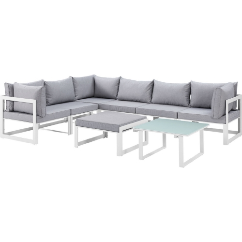 Fortuna 8 Piece Outdoor Patio Sectional Sofa Set in White w/ Gray Cushions