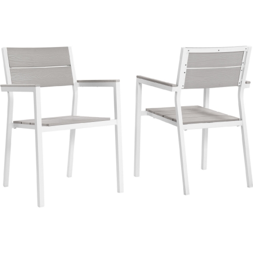 Maine Outdoor Patio Armchair Dining Chair in White Metal & Light Gray Polywood (Set of 2)