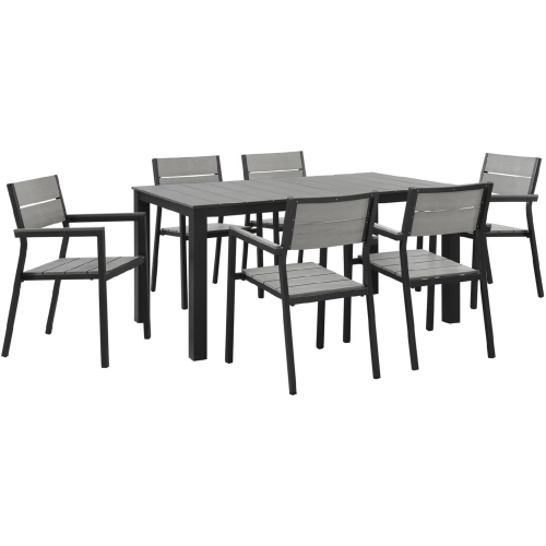 Maine 7 Piece Outdoor Patio Dining Set in Brown Metal & Gray Polywood