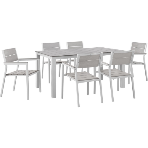 Maine 7 Piece Outdoor Patio Dining Set in White Metal & Light Gray Polywood