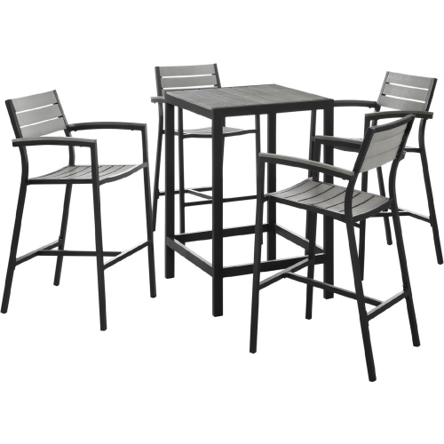 Maine 5 Piece Outdoor Patio Bar Set in Gray Polywood w/ Brown Aluminum Frame