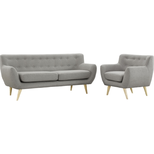 Remark Sofa & Armchair Set in Tufted Light Gray Fabric on Natural Wood Legs