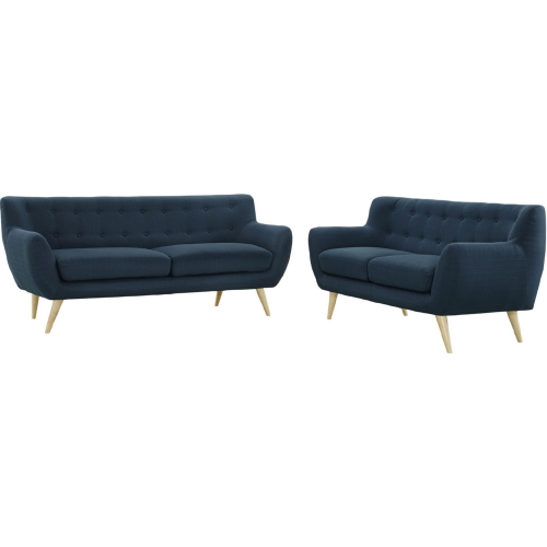 Remark Sofa & Loveseat Set in Tufted Azure Fabric on Natural Wood Legs