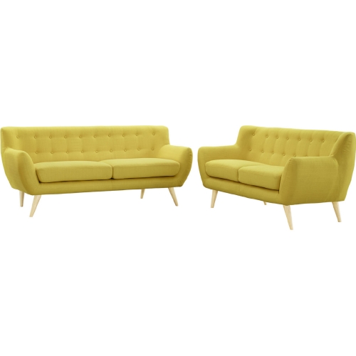 Remark Sofa & Loveseat Set in Tufted Sunny Fabric on Natural Wood Legs