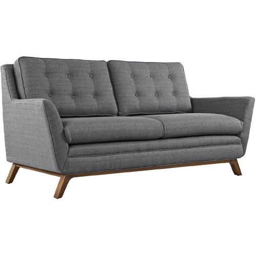 Beguile Fabric Loveseat in Tufted Gray w/ Walnut Finished Legs