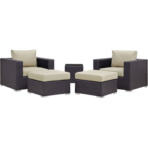 Convene 5 Piece Outdoor Arm Chair Set in Espresso Poly Rattan w/ Beige Cushions