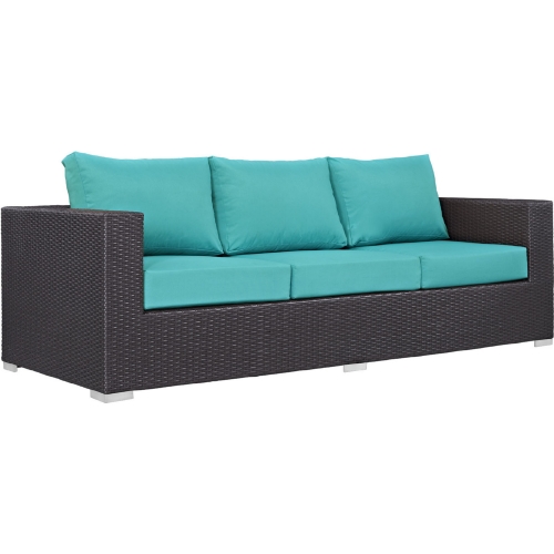 Convene Outdoor Patio Sofa in Espresso w/ Turquoise Cushion