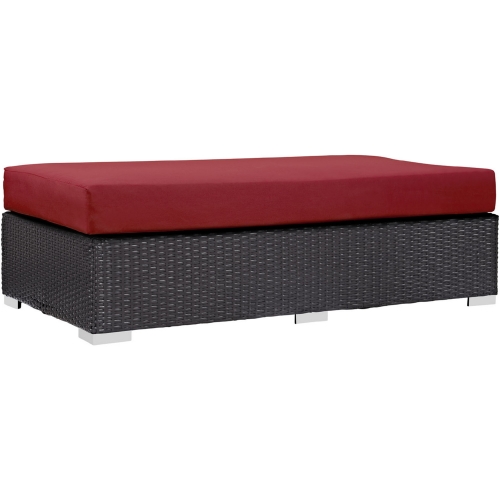 Convene Outdoor Patio Rectangle Ottoman in Espresso w/ Red Cushion