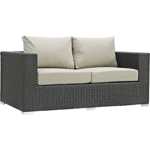 Sojourn Outdoor Patio Loveseat in Poly Rattan w/ Beige Sunbrella &reg Cushion