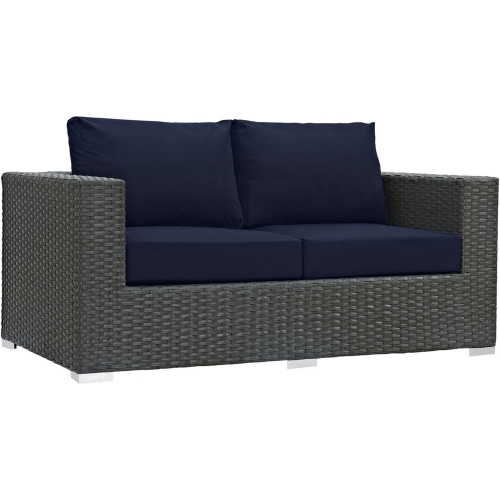 Sojourn Outdoor Patio Loveseat in Poly Rattan w/ Navy Sunbrella &reg Cushion