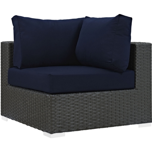 Sojourn Outdoor Patio Corner Seat in Poly Rattan w/ Navy Sunbrella &reg Cushion