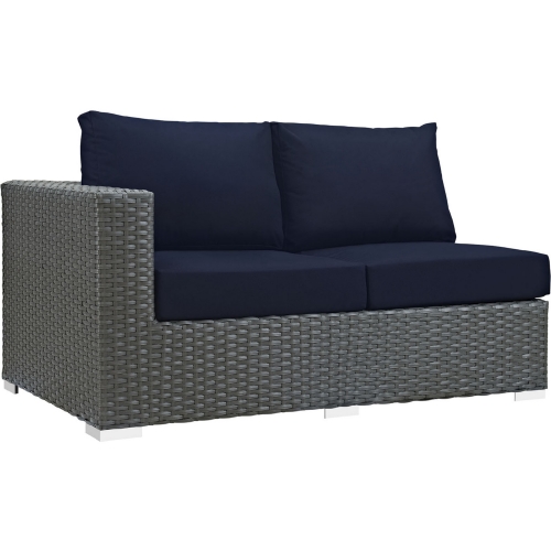 Sojourn Outdoor Patio Left Arm Loveseat in Poly Rattan w/ Navy Sunbrella &reg Cushion