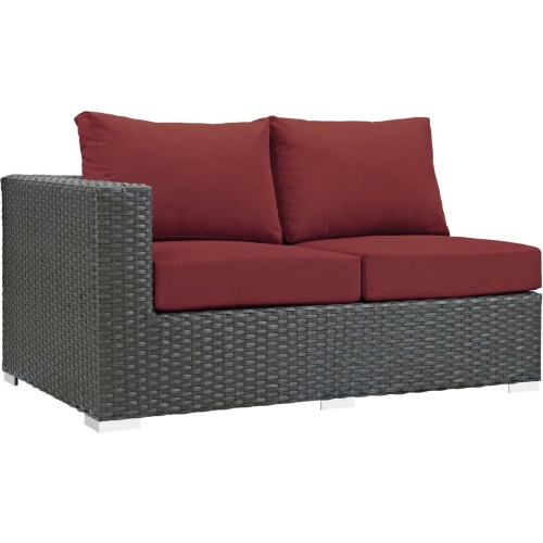 Sojourn Outdoor Sunbrella &reg; Left Arm Loveseat in Chocolate Poly Rattan & Red