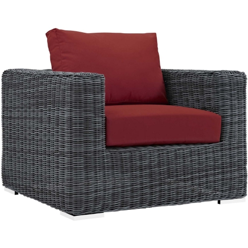 Summon Outdoor Sunbrella &reg; Armchair in Gray Poly Rattan & Red