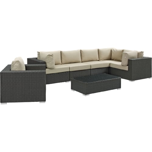 Sojourn 7 Piece Outdoor Patio Sectional Set in Poly Rattan w/ Beige Sunbrella &reg Cushions