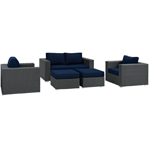 Sojourn 5 Piece Outdoor Patio Sectional Set in Poly Rattan w/ Navy Sunbrella &reg Cushions