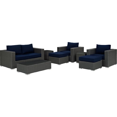 Sojourn 8 Piece Outdoor Patio Sectional Set in Poly Rattan w/ Navy Sunbrella &reg Cushions