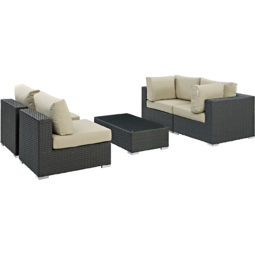 Sojourn 5 Piece Outdoor Patio Sectional Set in Poly Rattan w/ Beige Sunbrella &reg Cushions