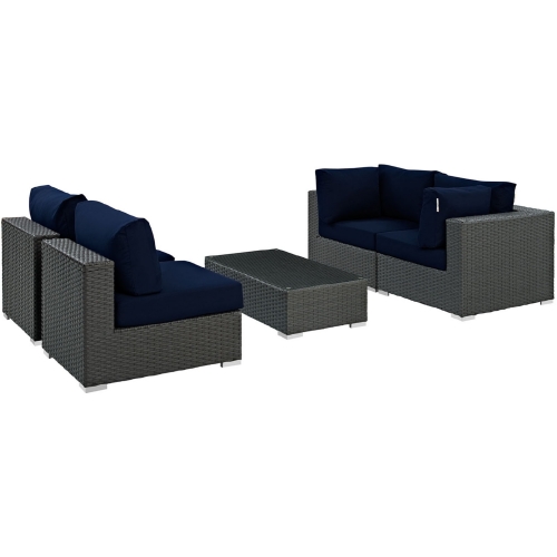 Sojourn 5 Piece Outdoor Patio Sectional Set in Poly Rattan w/ Navy Sunbrella &reg Cushions