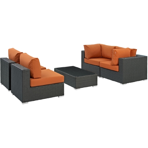 Sojourn 5 Piece Outdoor Patio Sectional Set in Poly Rattan w/ Tuscan Sunbrella &reg Cushions