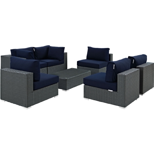 Sojourn 7 Piece Outdoor Patio Sectional Set in Poly Rattan w/ Navy Sunbrella &reg Cushions