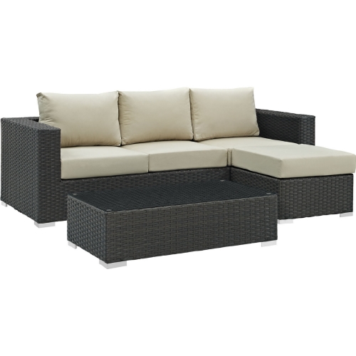 Sojourn 3 Piece Outdoor Patio Sectional Set in Poly Rattan w/ Beige Sunbrella &reg Cushions