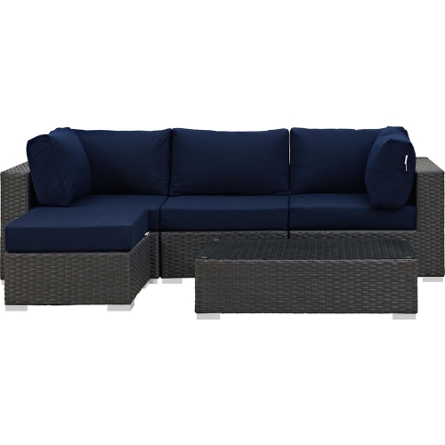 Sojourn 5 Piece Outdoor Patio Sectional Set in Poly Rattan w/ Navy Sunbrella &reg Cushions