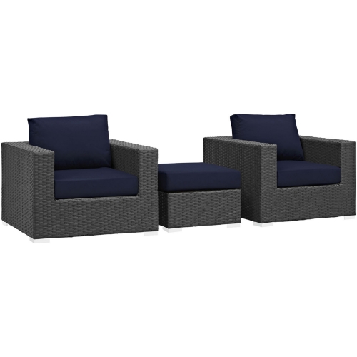 Sojourn 3 Piece Outdoor Patio Sectional Set in Poly Rattan w/ Navy Sunbrella &reg Cushions