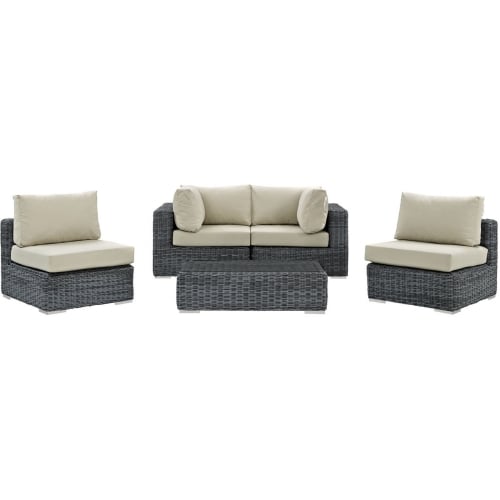 Summon 5 Piece Outdoor Patio Sectional Set in Poly Rattan w/ Beige Sunbrella