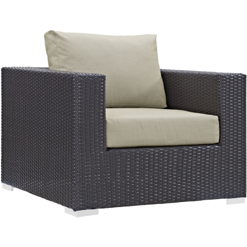 Convene Outdoor Patio Armchair in Espresso w/ Beige Cushion w/ Polished Stainless Legs