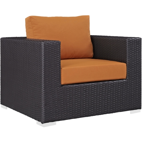 Convene Outdoor Patio Armchair in Espresso w/ Orange Cushion w/ Polished Stainless Legs