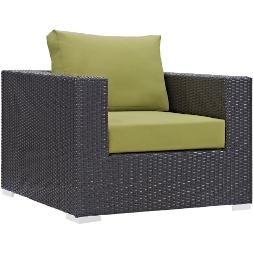 Convene Outdoor Patio Armchair in Espresso w/ Peridot Cushion w/ Polished Stainless Legs