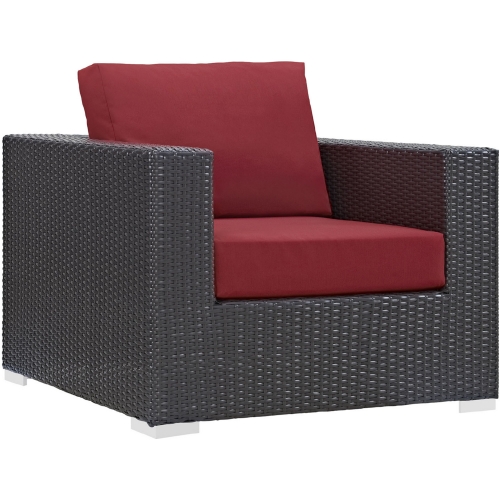 Convene Outdoor Patio Armchair in Espresso w/ Red Cushion w/ Polished Stainless Legs