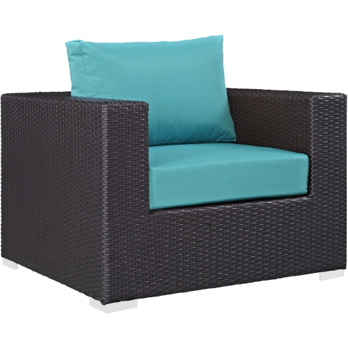 Convene Outdoor Patio Armchair in Espresso w/ Turquoise Cushion w/ Polished Stainless Legs