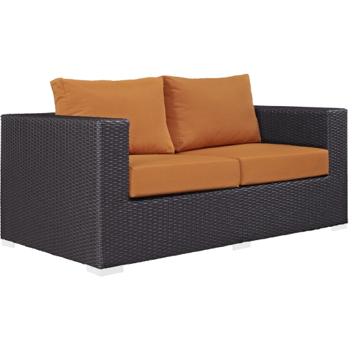 Convene Outdoor Patio Loveseat in Espresso w/ Orange Cushion