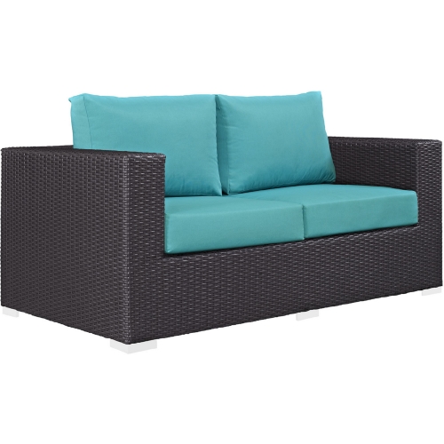 Convene Outdoor Patio Loveseat in Espresso w/ Turquoise Cushion