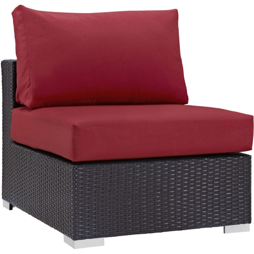 Convene Outdoor Patio Armless Section in Espresso w/ Red Cushion w/ Polished Stainless Legs