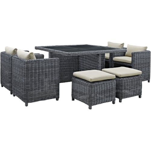 Summon 9 Piece Outdoor Patio Dining Set in Poly Rattan w/ Beige Sunbrella