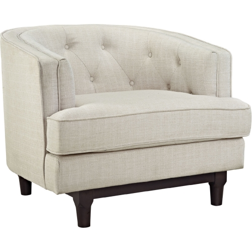 Coast Armchair in Tufted Beige Fabric on Walnut Finish Legs